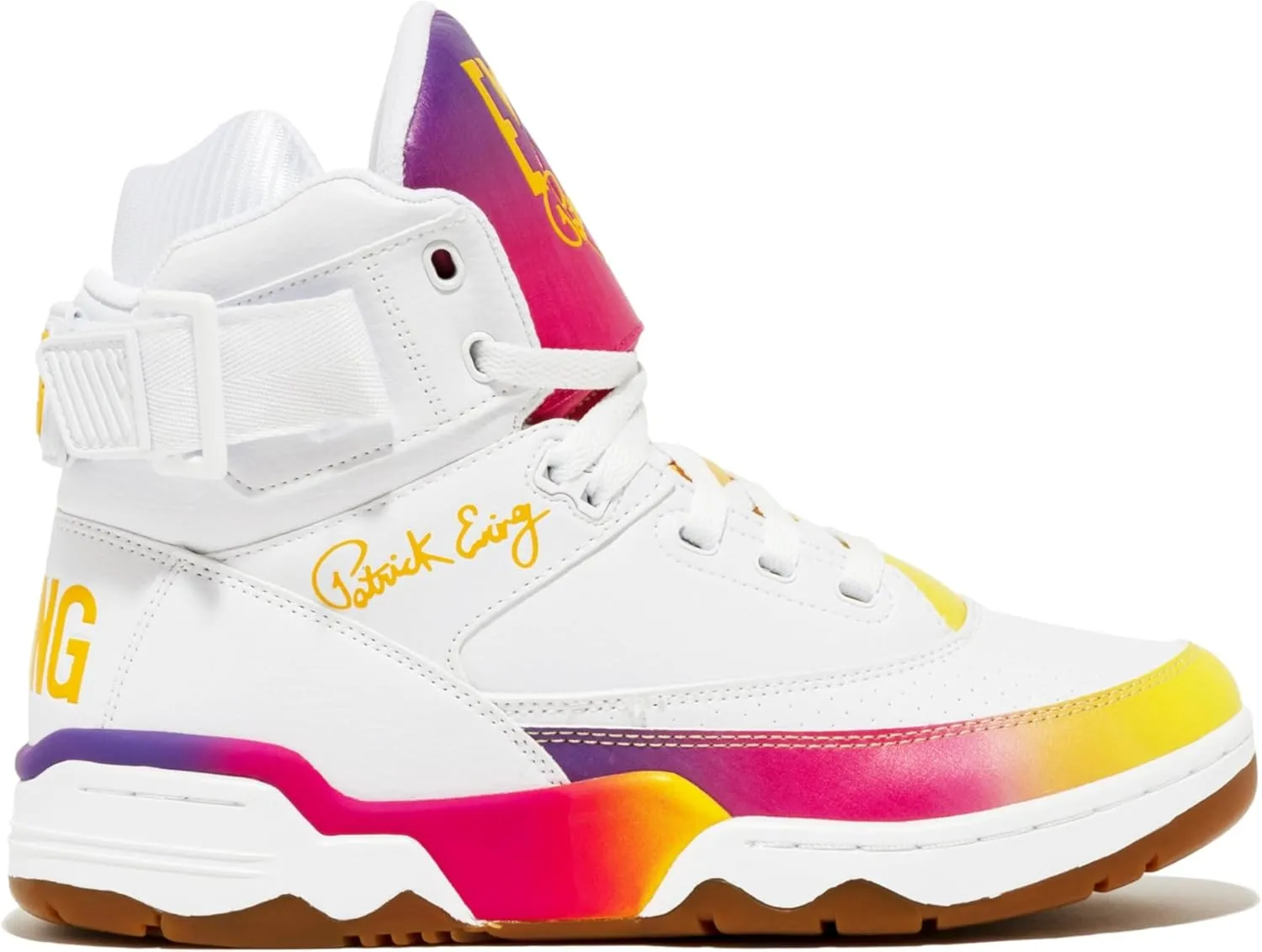 PATRICK EWING Men's Summer Sunset Gradient High-Top Sneakers White/Yellow/Purple/Pink with Gum Outsole