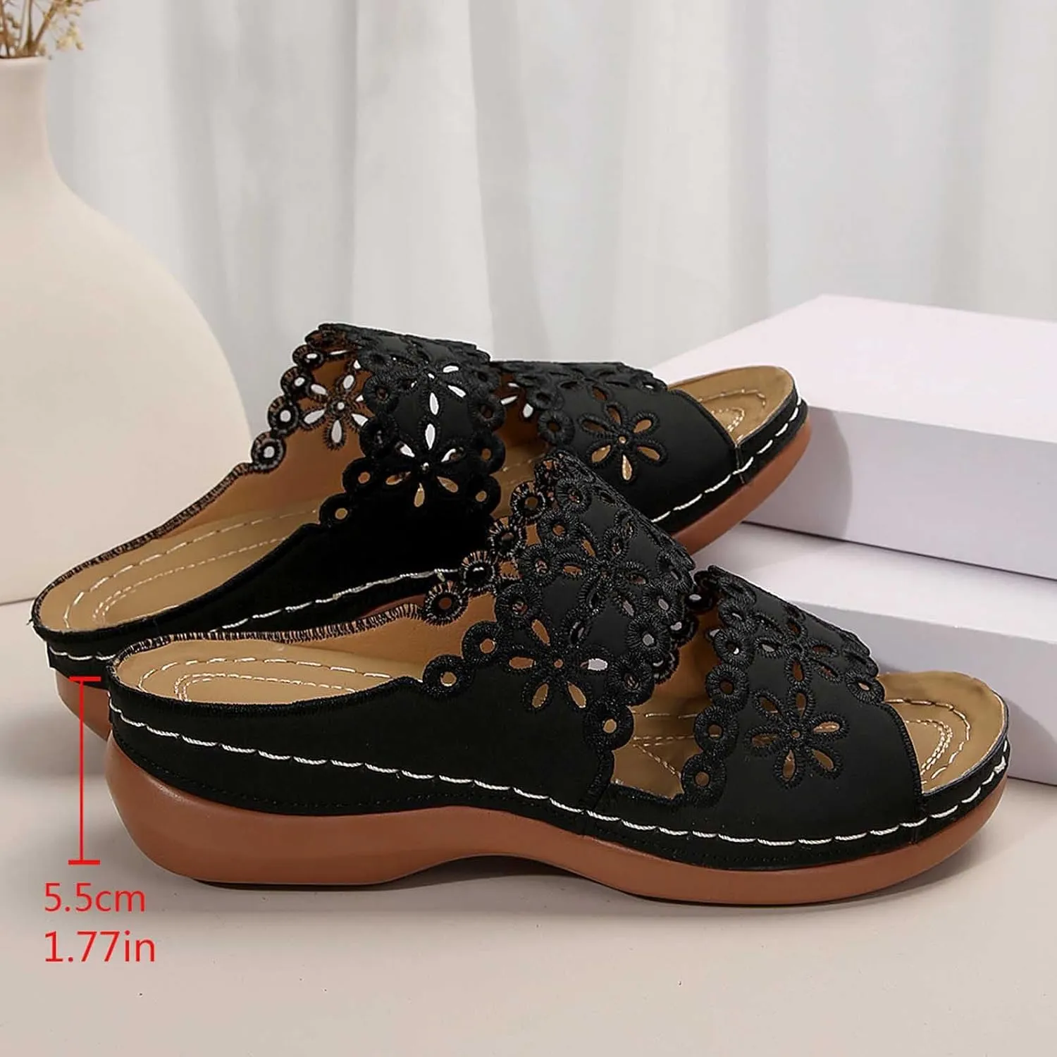 Women's Soft Sole Flat Shoes Casual Large Size Solid Hollow Sandals Drag Beach Slope Sandals with Arch Support
